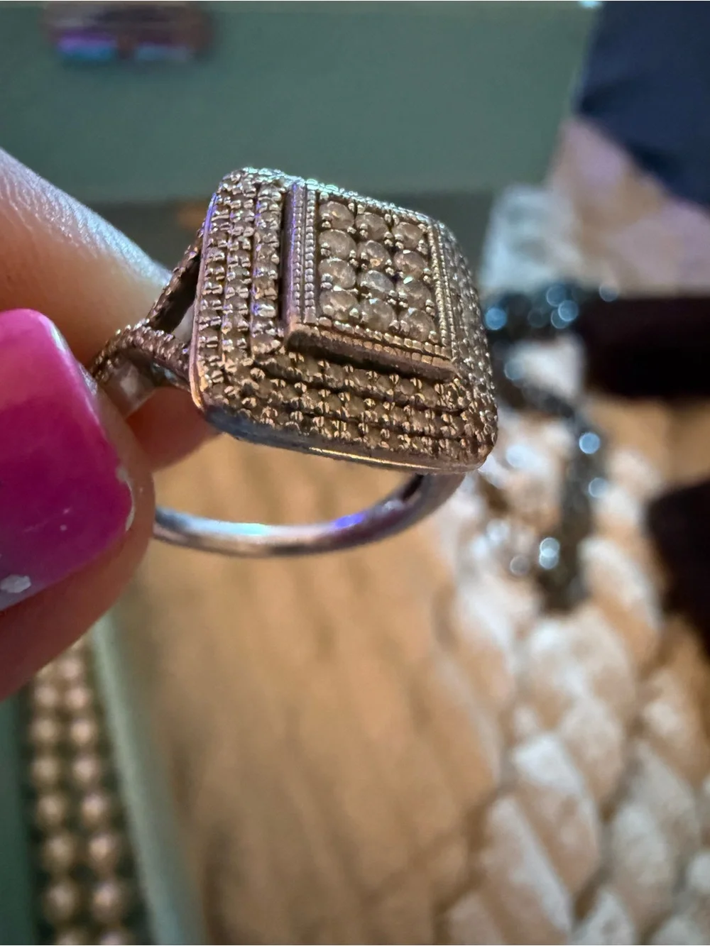 Sterling Silver  Square Pave Ring with Diamonds- Women Jewelry